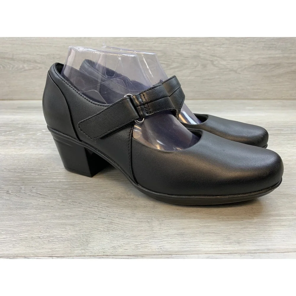 Clarks Women's Black Leather Mary Jane Block Heel Pumps 8.5 W Comfort Shoes